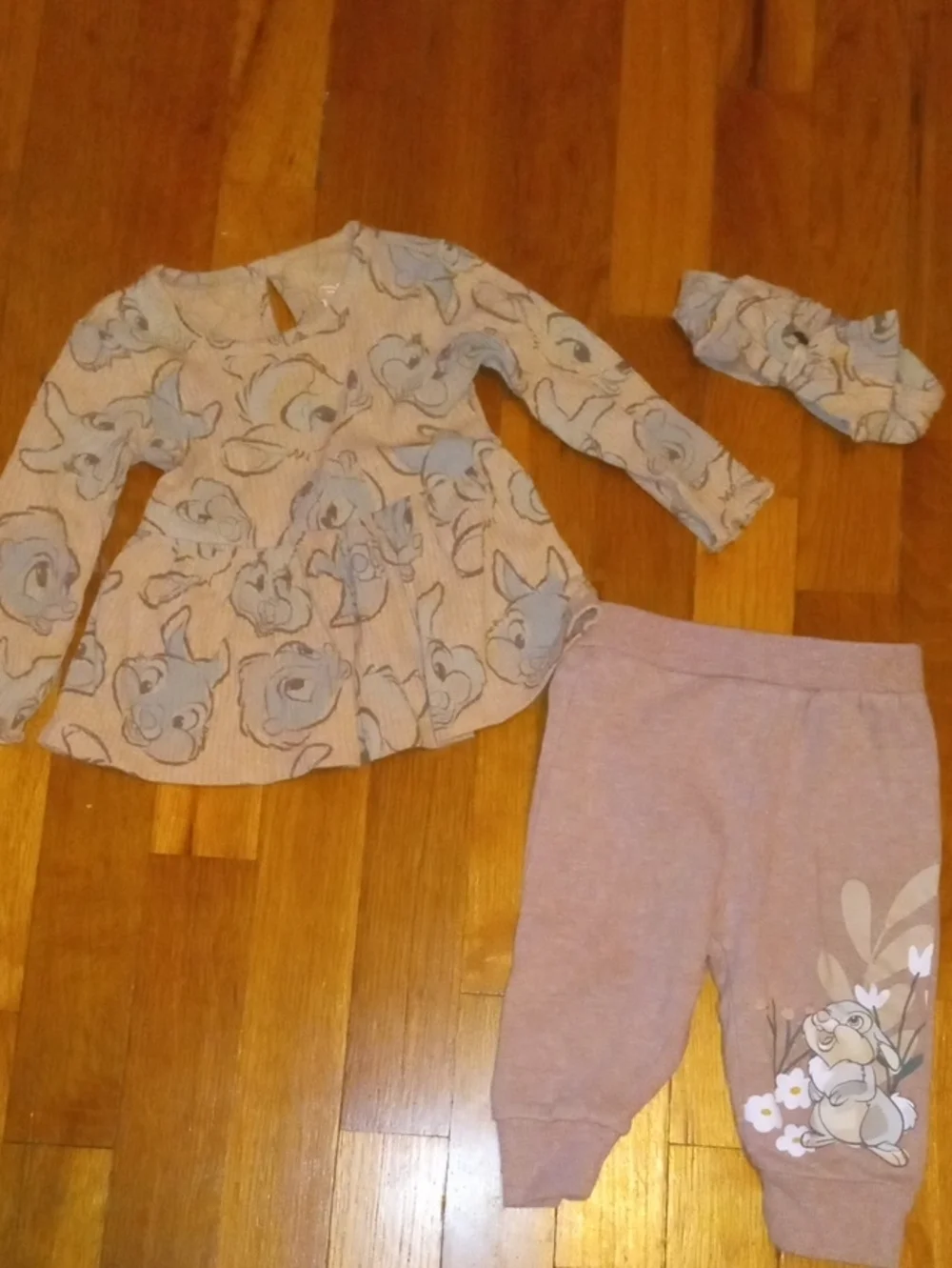 girl 6-9 month Disney Baby set, 3pc long sleeve pants and bow, Bambi